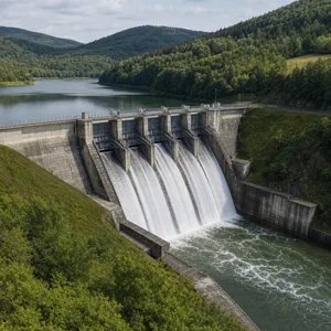 European dam with controlled water flow and flood protection infrastructure