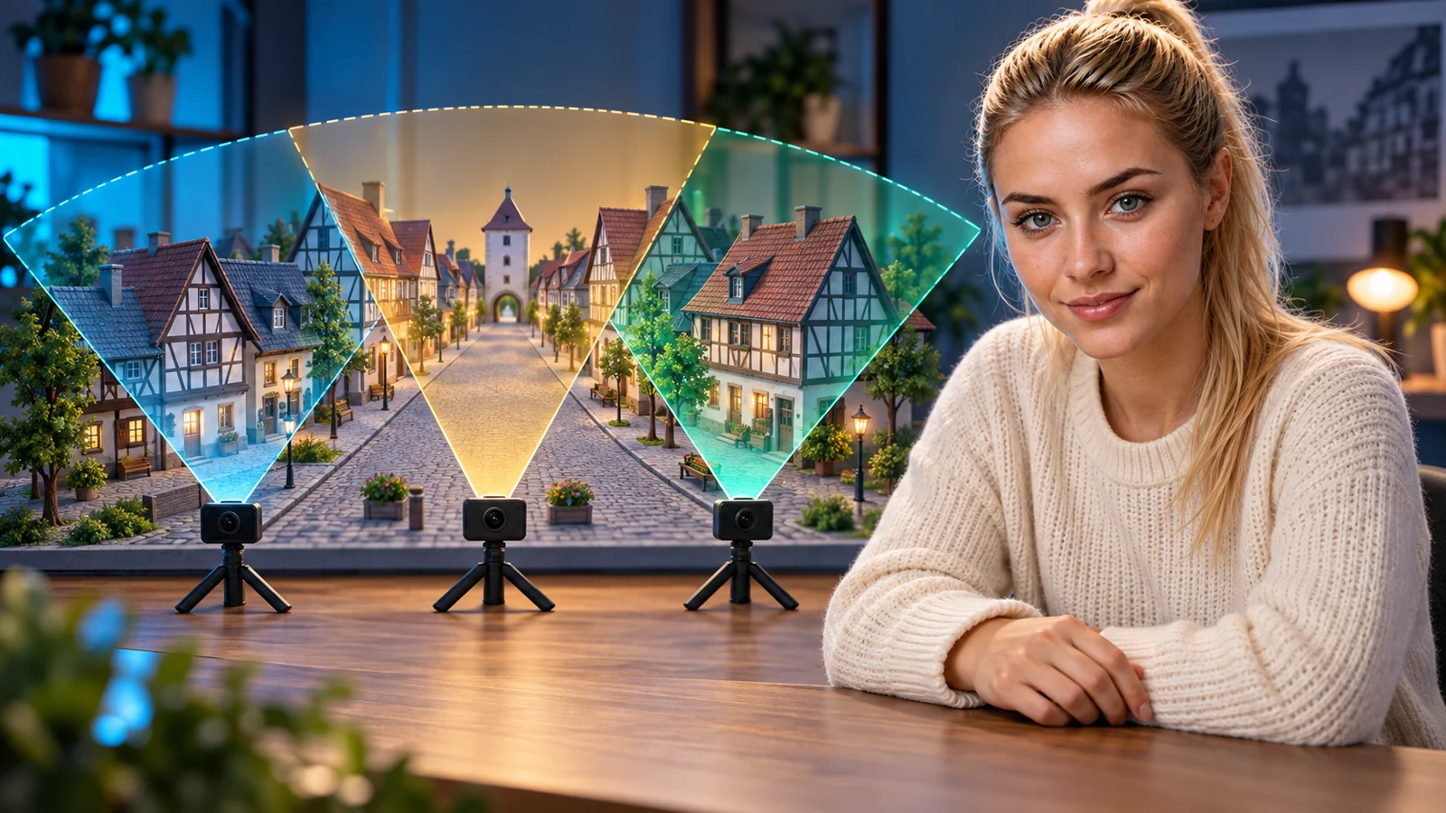 Lena presenting panorama capture with an illustrative town model