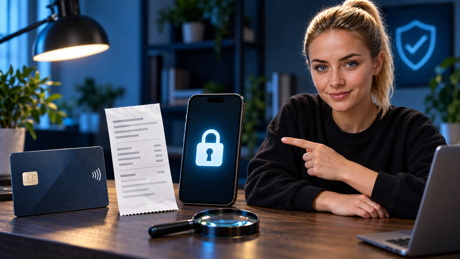 Lena presenting checking a payment card and transaction messages