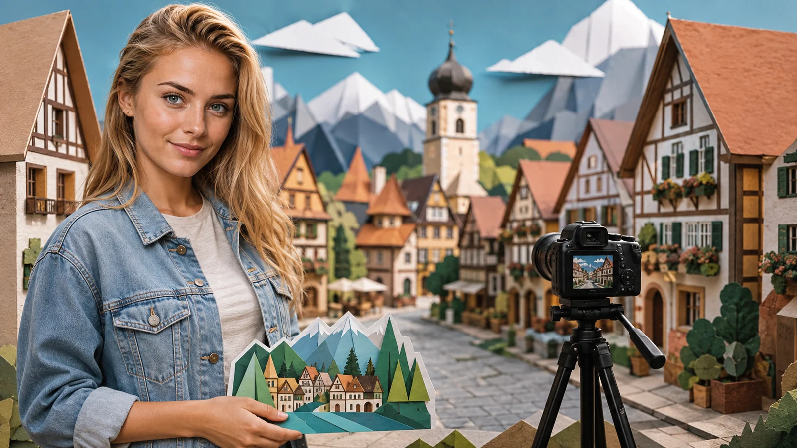 Lena presenting panorama photography with an illustrative town model